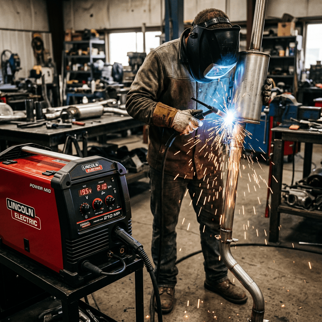 Standing muffler welding, sparks, Lincoln Electric welder close-up